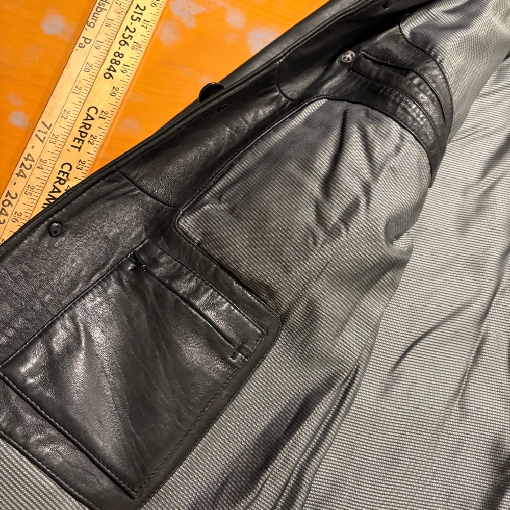 Pronto‎ Uomo Mens XXL Black Leather Jacket Mid Length Overcoat Collar Pockets - Picture 10 of 12